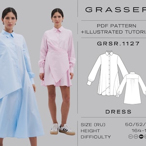 Puede incluir: Un patrón de costura PDF para un vestido con cuello de camisa y mangas largas. El patrón incluye un tutorial ilustrado. El vestido está disponible en las tallas 50, 52 y 54, y es adecuado para alturas entre 164 y 170 cm. El nivel de dificultad está clasificado como 4 de 5.