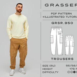 May include: A PDF sewing pattern for trousers with an illustrated tutorial. The pattern is for size 56/58/60 and a height of 176-182 cm. The difficulty level is rated 3 out of 5.