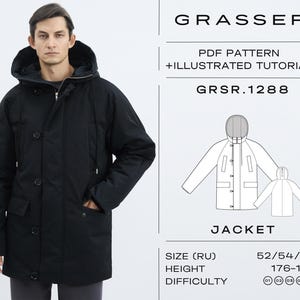 Può includere: Giacca nera con cappuccio, cerniera e bottoni. L'immagine include un diagramma della giacca e il testo "GRASSER PDF PATTERN + ILLUSTRATED TUTORIAL GRSR.1288 JACKET". La taglia è 52/54/56, l'altezza è 176-182 cm.