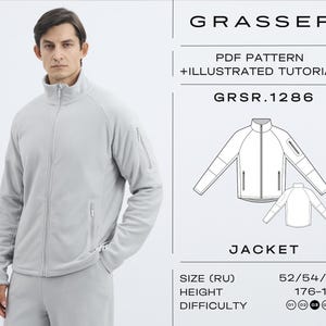 Könnte beinhalten: Hellgraue Fleecejacke mit hohem Kragen und durchgehendem Reißverschluss. Die Jacke hat zwei Reißverschlusstaschen und ist Teil eines PDF-Musters mit einer illustrierten Anleitung. Der Text auf dem Bild lautet "GRASSER" und "JACKET".