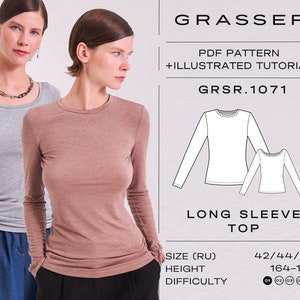 May include: A PDF sewing pattern for a long sleeve top with an illustrated tutorial. The pattern is for sizes 42, 44, and 46, for heights of 164-170 cm. The difficulty level is rated 01-08.