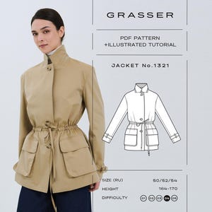 May include: A woman wearing a tan jacket with a high collar, drawstring waist, and large pockets. The image includes a line drawing of the jacket and text that reads "GRASSER", "PDF PATTERN + ILLUSTRATED TUTORIAL", and "JACKET No.1321".