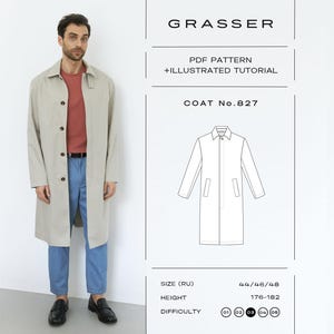 May include: A beige coat with a collar and buttons, shown on a person wearing a red shirt and blue trousers. The image includes text: GRASSER, PDF PATTERN + ILLUSTRATED TUTORIAL, COAT No.827, SIZE (RU) 44/46/48, HEIGHT 176-182, DIFFICULTY 03.
