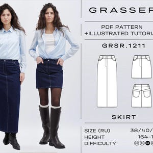 Denim Pencil Skirt PDF Sewing Pattern | Midi Skirt | Mini Skirt | Sizes 38 / 40 / 42 (RU) | Model No. 1211