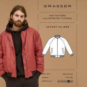 May include: A red bomber jacket with a front zipper and black ribbed cuffs, collar, and hem. The image includes text reading GRASSER, PDF PATTERN + ILLUSTRATED TUTORIAL, JACKET No. 899, and size information for height 176-182 and size 58/60/62.
