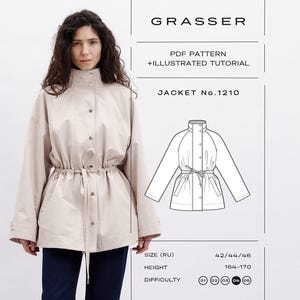 May include: A beige jacket with a high collar, snap button closure, and a drawstring waist. The image includes text: GRASSER, PDF PATTERN + ILLUSTRATED TUTORIAL, JACKET No.1210, SIZE (RU) 42/44/46, HEIGHT 164-170, and a difficulty level indicator.
