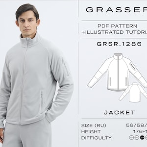 Könnte beinhalten: Hellgraue Fleecejacke mit Stehkragen und durchgehendem Reißverschluss. Die Jacke hat zwei Reißverschlusstaschen und ist Teil eines PDF-Schnittmusters mit illustrierter Anleitung. Der Text auf dem Bild lautet "GRASSER", "JACKET" und "GRSR.1286".