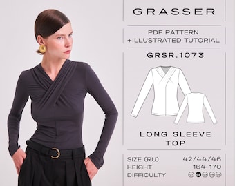 Long sleeve top pdf sewing pattern for beginners sizes 42 / 44 / 46 (RU) | model No. 1073