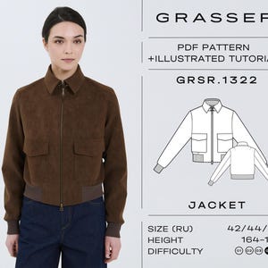 Peut inclure: Une veste en daim marron avec une fermeture éclair, deux poches avant et des poignets et un ourlet côtelés. L'image comprend un schéma de la veste et le texte "GRASSER PDF PATTERN + ILLUSTRATED TUTORIAL GRSR.1322 JACKET".
