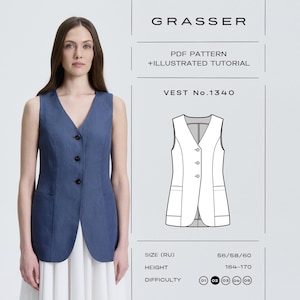 Op de afbeelding: Een mouwloos blauw vest met een V-hals en drie donkere knopen. Het vest heeft twee voorzakken en wordt gedragen over een witte rok. De afbeelding bevat een lijntekening van het vest en de tekst "GRASSER" en "VEST No.1340".