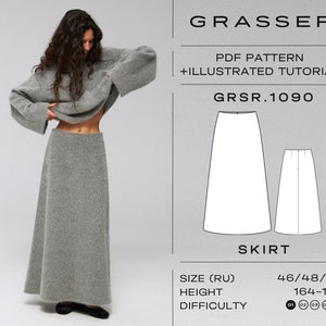 Peut inclure: Une femme porte une jupe et un haut gris. L'image comprend un schéma de patron de jupe avec le mot "SKIRT". Le texte "GRASSER" et "PDF PATTERN + ILLUSTRATED TUTORIAL" sont également visibles. Le patron est de taille 46/48/50, hauteur 164-170 cm.