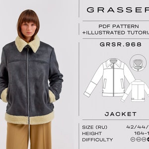 Puede incluir: Un patrón de costura PDF para una chaqueta gris con cuello de piel blanca. El patrón incluye un tutorial ilustrado y está disponible en las tallas 42, 44 y 46. El patrón es para una altura de 164-170 cm y tiene un nivel de dificultad de 3 de 5.
