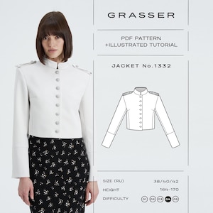 May include: A white jacket with a high collar and silver buttons, paired with a black floral skirt. The image includes the text "GRASSER" and "JACKET No.1332". The jacket design is also illustrated. The difficulty level is indicated as 01.