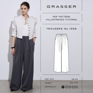 May include: A sewing pattern for trousers No. 1356 by Grasser, featuring a PDF pattern and illustrated tutorial. The image displays a technical line drawing of wide-leg trousers with an elastic waistband and drawstring, alongside a model wearing the finished garment in dark grey.