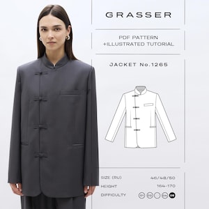 May include: A dark gray jacket with a mandarin collar and four toggle closures, presented as a PDF pattern by Grasser, Jacket No. 1265. The image includes a technical line drawing, size range 46/48/50, height 164-170, and difficulty level 05.