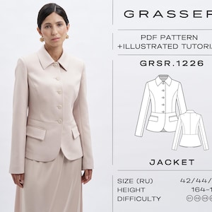 May include: A woman wearing a light beige jacket and skirt. The jacket has a collared neckline, button closure, and two front pockets. The image also includes a diagram of the jacket, with the text "GRASSER" and "JACKET". The pattern is size 42/44/46.