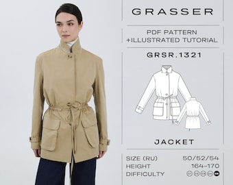 Safari Jacket Sewing Pattern PDF | Utility Jacket, Drawstring Waist, Cargo Pocket | Sizes 50 / 52 / 54 (RU) | Grasser Pattern No. 1321