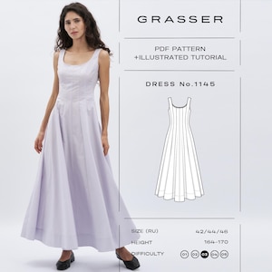 Könnte beinhalten: Ein ärmelloses, helllila Kleid mit weitem Rock, getragen von einer Person. Das Bild enthält eine Zeichnung des Kleides, den Text "GRASSER", "PDF PATTERN + ILLUSTRATED TUTORIAL" und "DRESS No.1145". Die Größe ist 42/44/46.