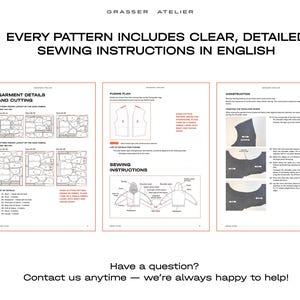 May include: Three pages of sewing pattern instructions. The top of the image reads "EVERY PATTERN INCLUDES CLEAR, DETAILED SEWING INSTRUCTIONS IN ENGLISH." The pages show garment details, cutting diagrams, and construction steps. The bottom of the image reads "Contact us anytime - we're always happy to help!"
