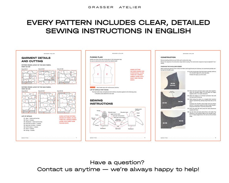 May include: Three pages of sewing pattern instructions. The top of the image reads "EVERY PATTERN INCLUDES CLEAR, DETAILED SEWING INSTRUCTIONS IN ENGLISH." The pages show garment details, cutting diagrams, and construction steps. The bottom of the image reads "Contact us anytime - we're always happy to help!"