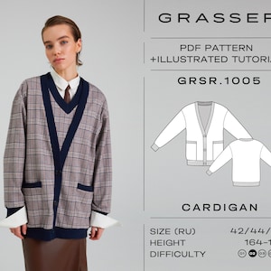 Cardigan sewing pattern with tutorial | sizes 42 / 44 / 46 (RU) | model No. 1005