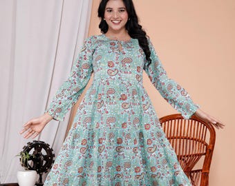 Green Floral Hand Block Print Cotton Midi Dress - Casual Boho Style for Women