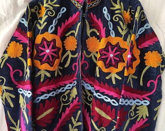 Handmade Velvet Suzani Jacket: Embroidered Bohemian Winter Coat. Blue color For Woman And Girls