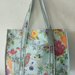 Reversible Quilted Cotton Tote Bag Hand Printed Floral Boho Grocery Shopping Bag Eco-Friendly Sustainable Sturdy