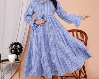 Blue Floral Block Print Cotton Maxi Dress | Lightweight Boho Sundress