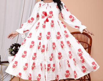 Red Floral Block Print Sundress | Lightweight Cotton Summer Dress | Handmade Festival Fashion Dress