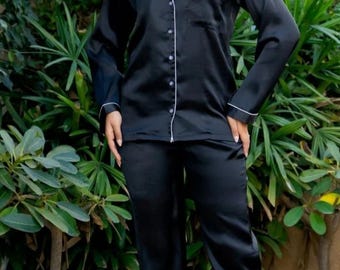 Black Satin Pajama Set | Women's Silky PJs with White Trim