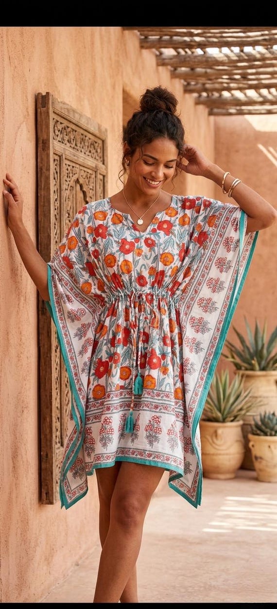 Cotton Kaftan Dress, Boho Short Kaftan, Summer Beach Cover Up, Block Print Style Loungewear, Hippie Tunic Top for Women