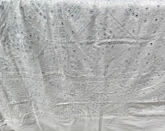 Handmade Indian Cotton Bedspread – White Mirror Work Bohemian Quilt
