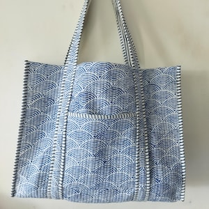 Quilted Cotton Hand printed Reversible Floral Tote Bag Handmade Boho Eco friendly Sustainable Sturdy Grocery Shopping Bag