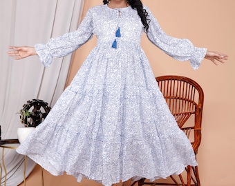 Blue Block Printed Cotton Dress: Indian Tunic Summer Top