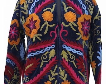 Chaqueta Suzani de terciopelo hecha a mano, abrigo de invierno bohemio bordado para mujeres y niñas, kimono de terciopelo indio reversible,