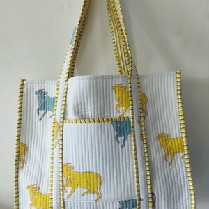 Quilted Cotton Hand printed Reversible Floral Tote Bag Handmade Boho Eco friendly Sustainable Sturdy Grocery Shopping Bag