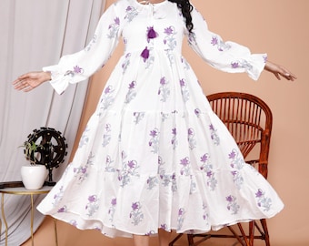 Purple Floral Block Print Cotton Long Dress |  Floral Boho Tunic