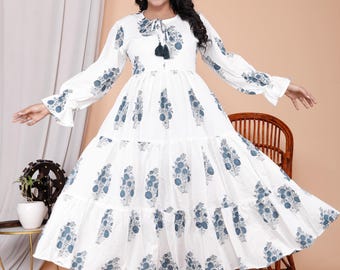 Blue & Gray Hand Block Print Cotton Maxi Dress, White Floral Tiered Gown,  Summer dress