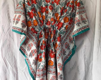 Cotton Kaftan Dress, Boho Short Kaftan, Summer Beach Cover Up, Block Print Style Loungewear, Hippie Tunic Top for Women