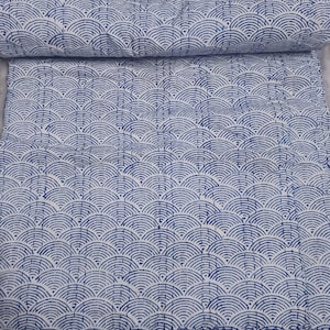 Handmade Indigo Kantha Quilt | Ocean Wave Print, Reversible Cotton Bed Cover