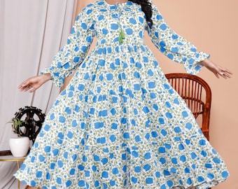 Blue Floral Hand Block Print Cotton Midi Dress | Tiered Boho Summer Maxi