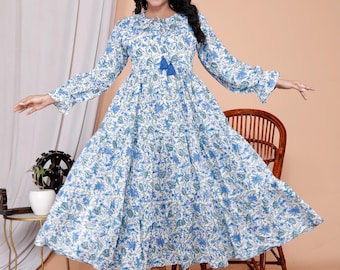 Blue Block Print Sundress | Lightweight Cotton Handmade Maxi Dress for Christmas