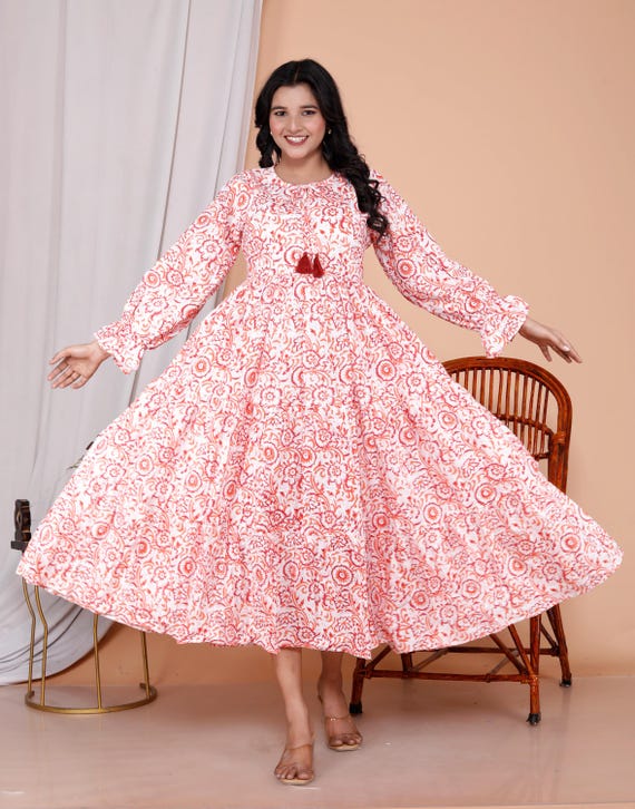 Orange Floral Hand Block Print Cotton Maxi Dress, Red Floral Boho Tiered Gown