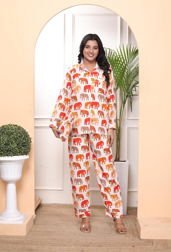 Luxurious Indian Silk Elephant Print Pajama Set: Handmade Orange