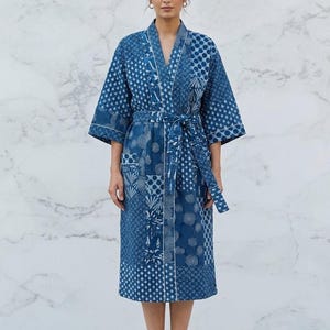 Indigo Blue Robe, Handmade Patchwork Cotton Kimono, Block Print Dressing Gown, Unisex Indigo Bathrobe,