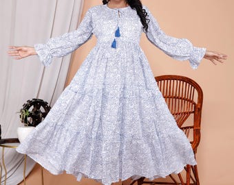 Blue Block Printed Cotton Dress: Indian Tunic Summer Top