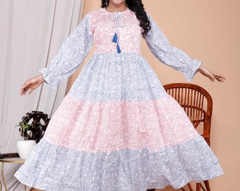 Blue & Pink Roots Design Block Print Sundress | Handmade Lightweight Cotton Midi Dress |