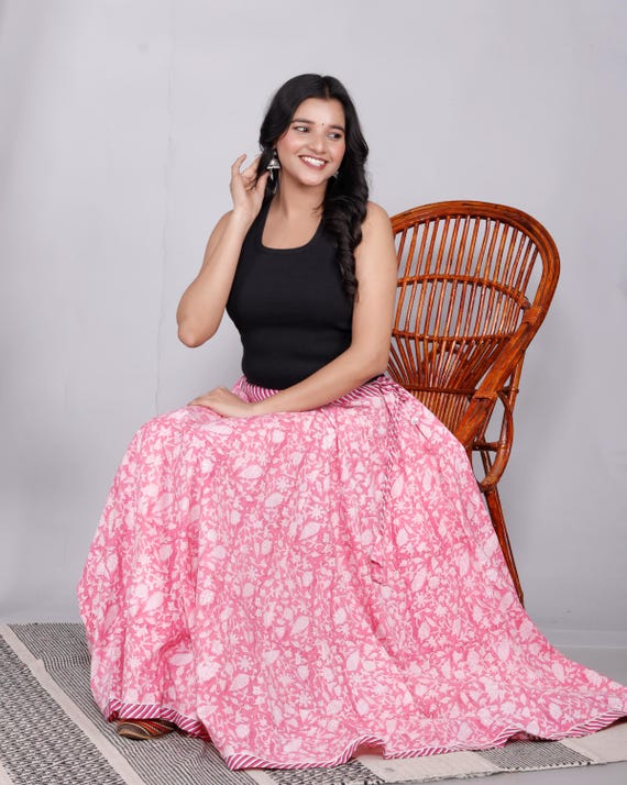 Bohemian Floral Long Skirt: Handmade Block Printed Cotton Maxi for