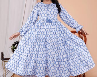 Blue Floral Block Print Cotton Midi Dress – Boho Festival Wear, Artisan Indian Style